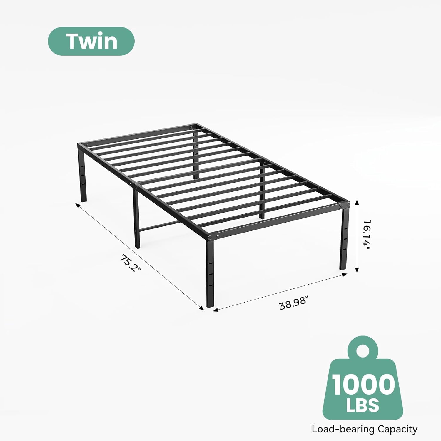 Sweetcrispy 16 inch Twin Heavy-Duty Metal Bed Frame, Platform Frame with Under-Bed Storage, No-Squeak, Easy Assembly, Includes Assembly Kit
