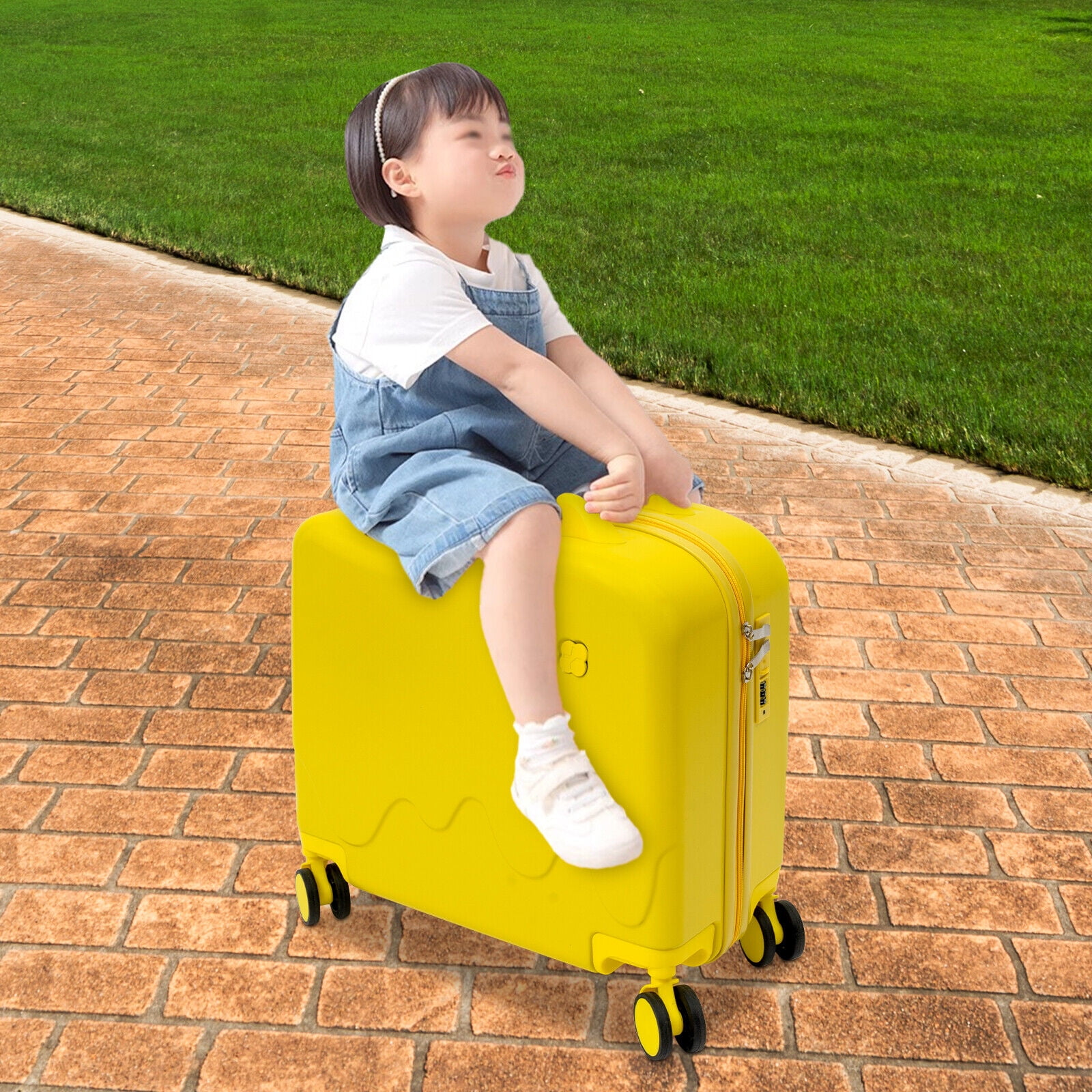 Ride-On Kids Suitcase 18" Hard Shell Luggage with Wheels, 37L Carry-On with Lock, Adjustable Handle & Seat for Toddlers Ages 3-6 - Yellow