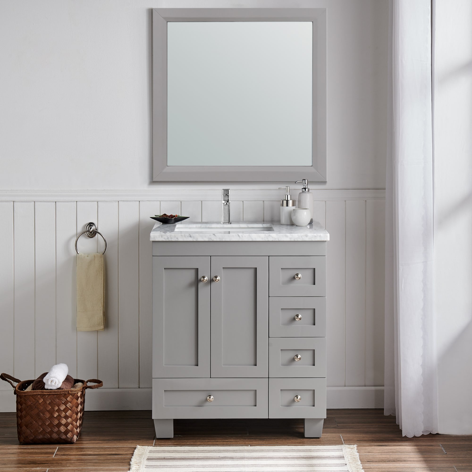 Eviva Happy 30" x 18" Transitional Gray Bathroom Vanity with White Carrara Marble Countertop