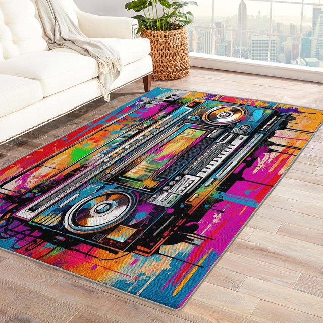 Radio Area Rugs for Bedroom Living Room - 6x9 ft - Colourful Carpet for Home Decor - Graffiti Art Patterned Decorative Indoor Large Rug - Washable & Soft & Non Slip & Low Pile (ZF&8496)