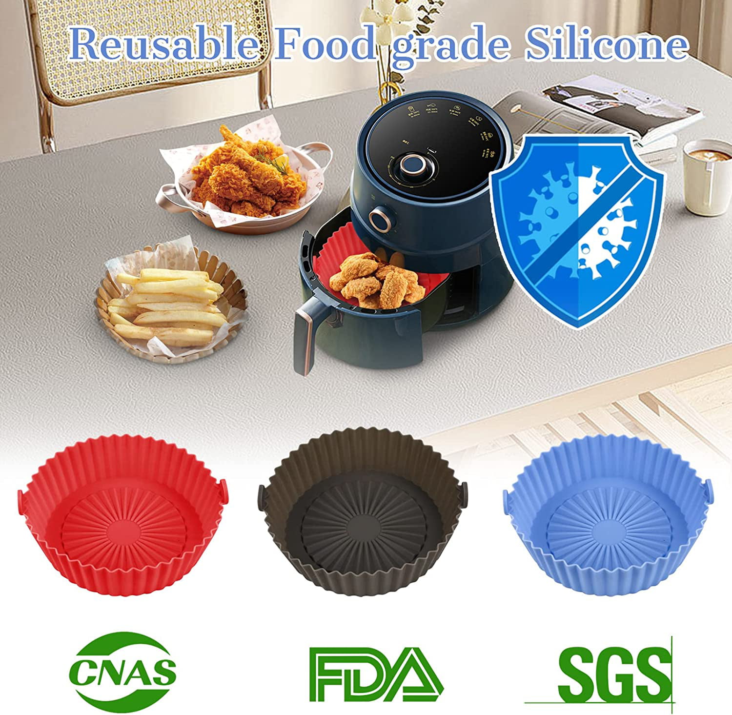 Round Air Fryer Silicone Liners Pot Airfryer Accessories | Caroeas 21.5 x 21.5 x 8 cm / Blue