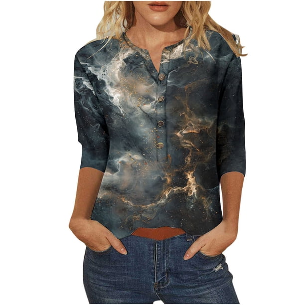 Blusas para las Mujeres Casual Impreso Botón Arriba 3/4 Manga Cuello en V, Mujer 3/4 Manga Tops Y Blusas