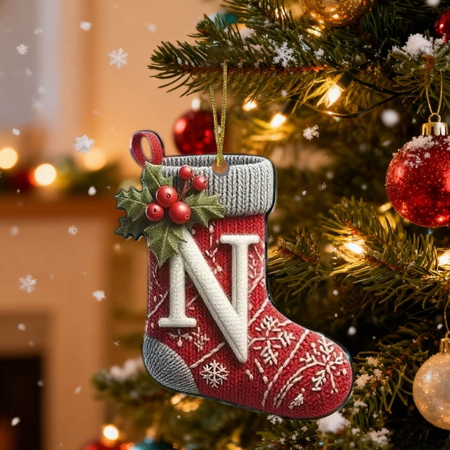 BAOPAI 26 Letters Enduring Acrylic Christmas Stocking Ornaments Personalized Alphabet Hanging Decor With Festive Bows Baubles For Holiday Tree Home Office Party Decoration Gift