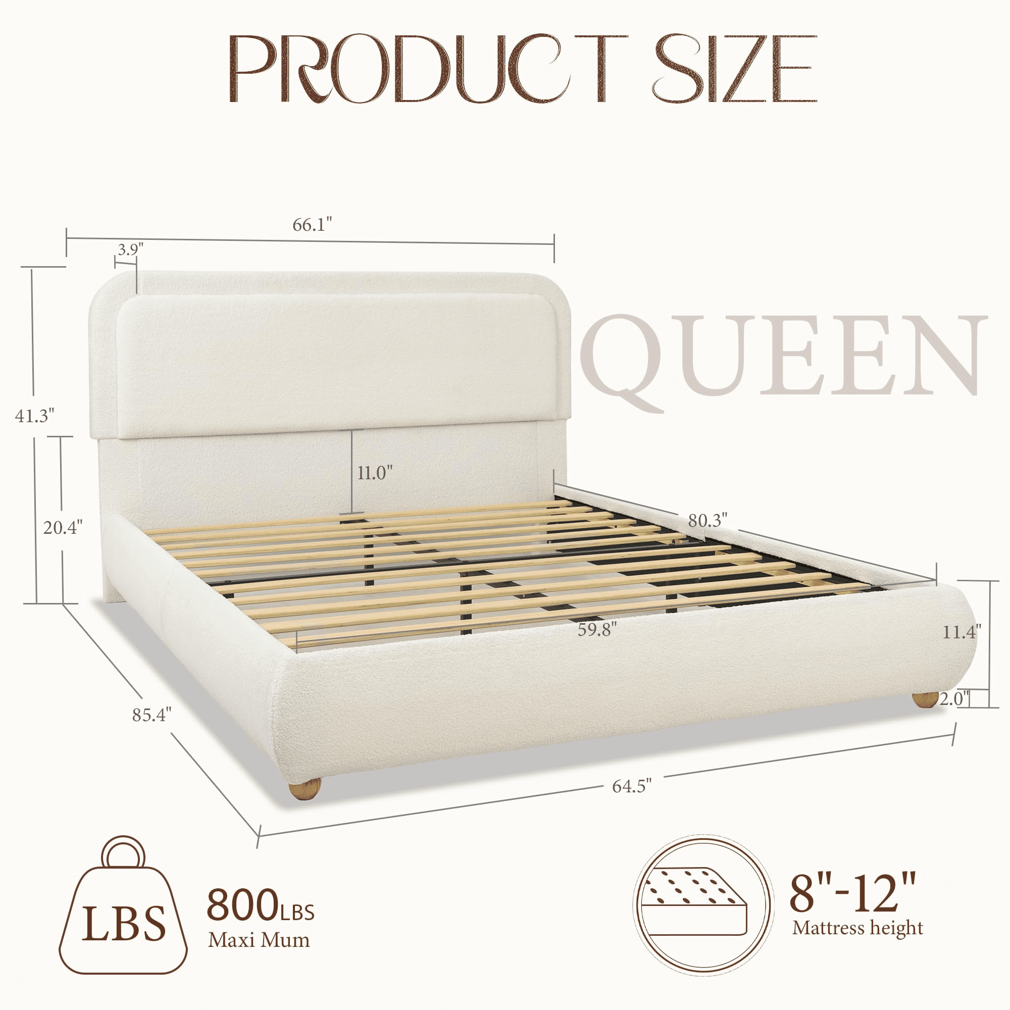 Brafab Queen Size Bed Frame with Round Corners Headboard and Thickened Footboard, Boucle Cloud Upholstered Boho Fluffy Bed with Solid Wood Legs, No Box Spring Required, Easy Assembly, cream