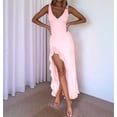 thumbnail image 6 of Women V Neck Sleeveless Mesh Ruffle Hem Bodycon Maxi Casual Backless High Slit Cocktail Party Dress Pink L, 6 of 9