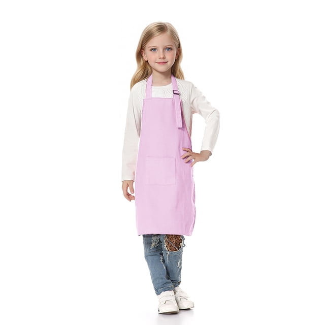 TOPTIE Kids Aprons with Pocket & Adjustable Strap, Child Chef Bib Apron for Kitchen Cooking Baking Painting-Light Pink-XL