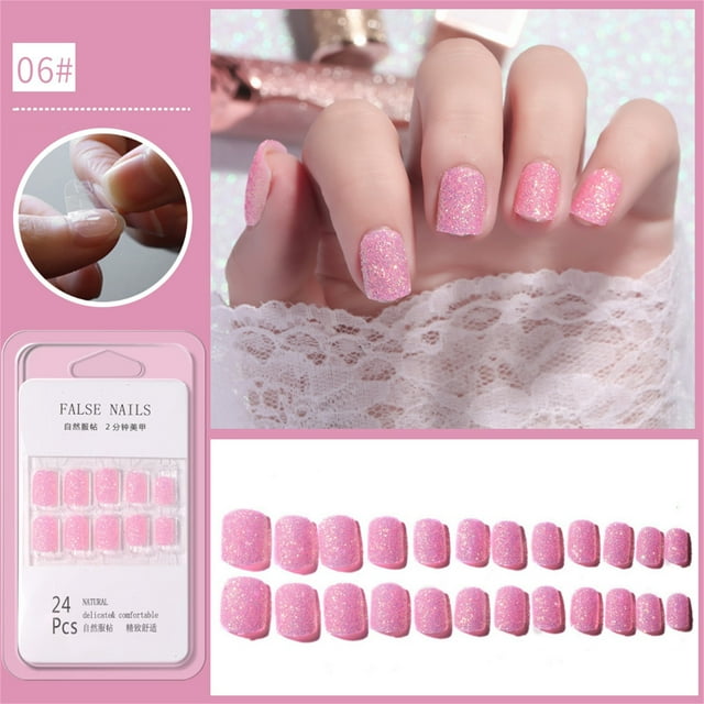 Polvo para uñas, parches para decoración de uñas, 24 uñas postizas cortas con parches de pegamento gelatinoso, uñas de ataúd