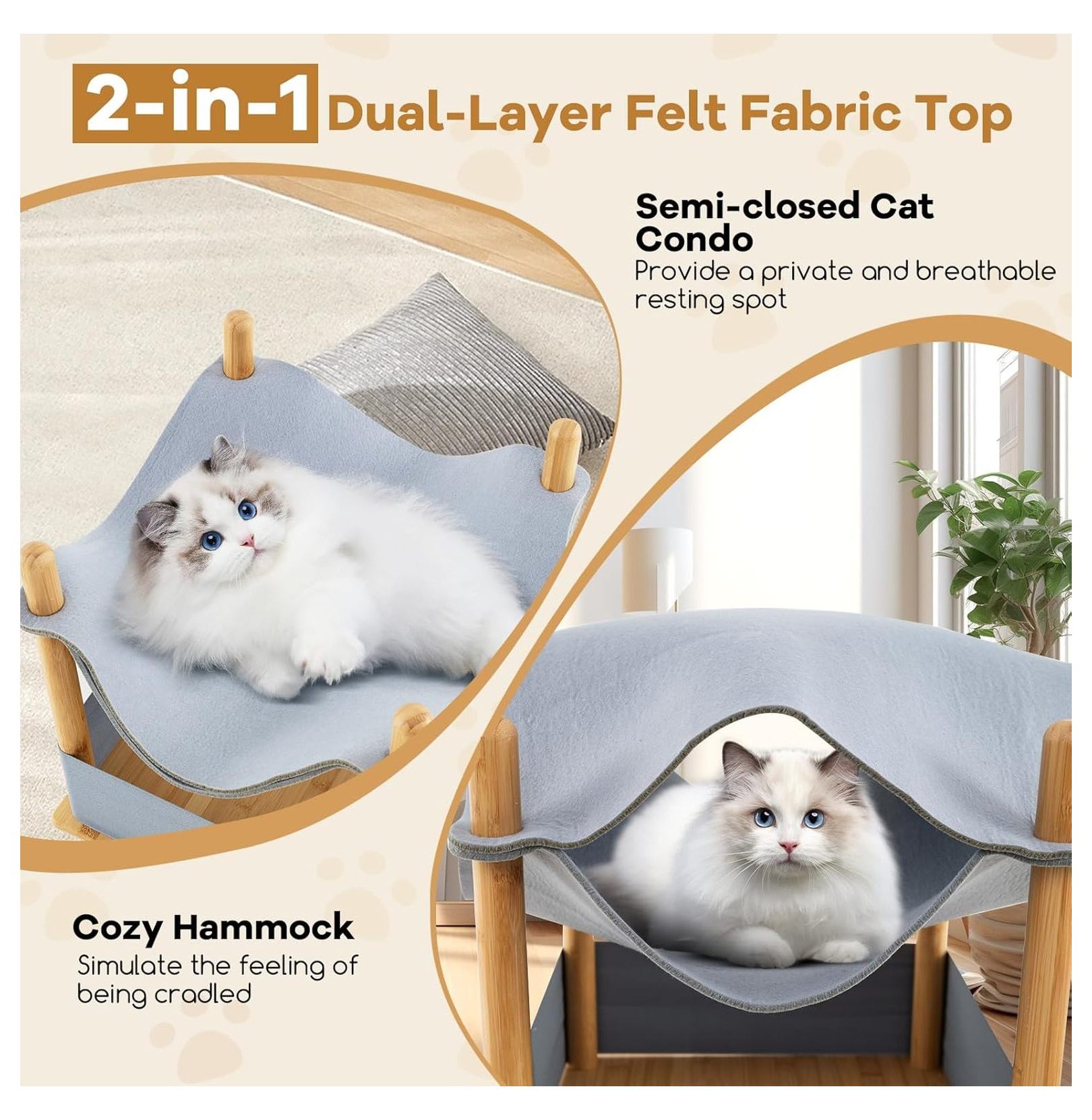 Elevated Cat Bed for Indoor Cats, 2-Tier Cat Cave with Felt Hammock, Bamboo Frame, Storage Shelf - Small Condo for Kittens & Adult Cats