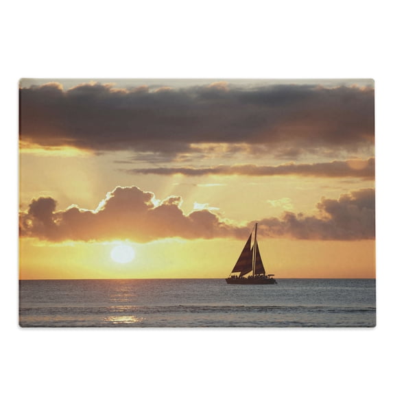 Ocean Cutting Board, Boat in the Oceannd Cloudy Skyt Sunset Digital Image Print, Decorative Tempered Glass Cutting and Serving Board, Large Size, Grey and Marigold, by Ambesonne
