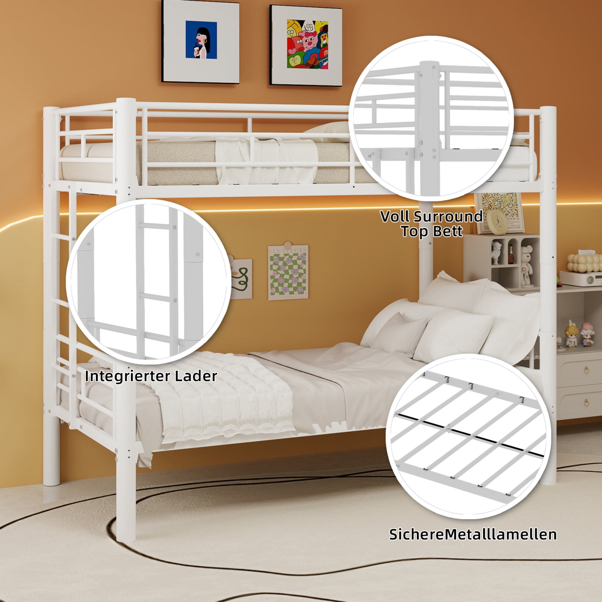 Twin over Twin Bunk Bed with Ladder and Safety Guardrails, Metal Bunk Bedframe for Kids Boys Girls, can be convertible into 2 Beds, No Spring Box Required
