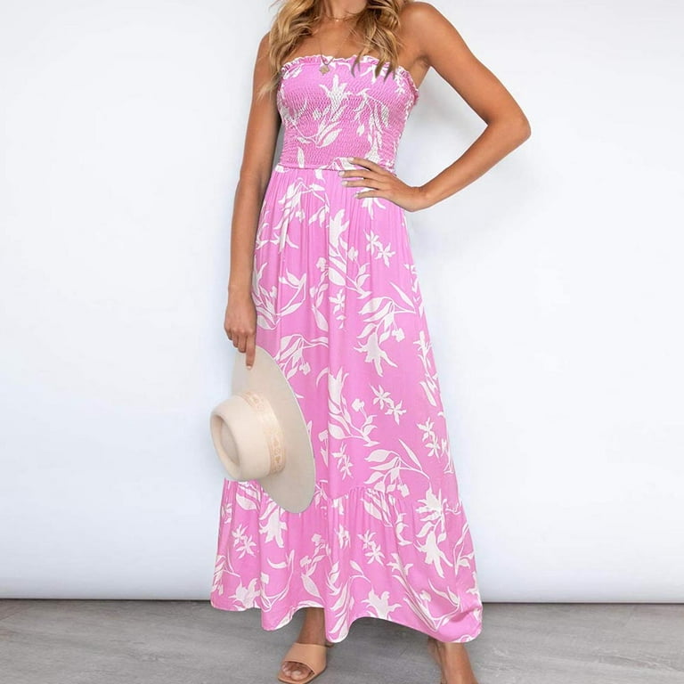 MELDVDIB Women Summer Dress Off-the-shoulder Bohemian Floral Print Casual  Strapless Party Long Maxi Dress 