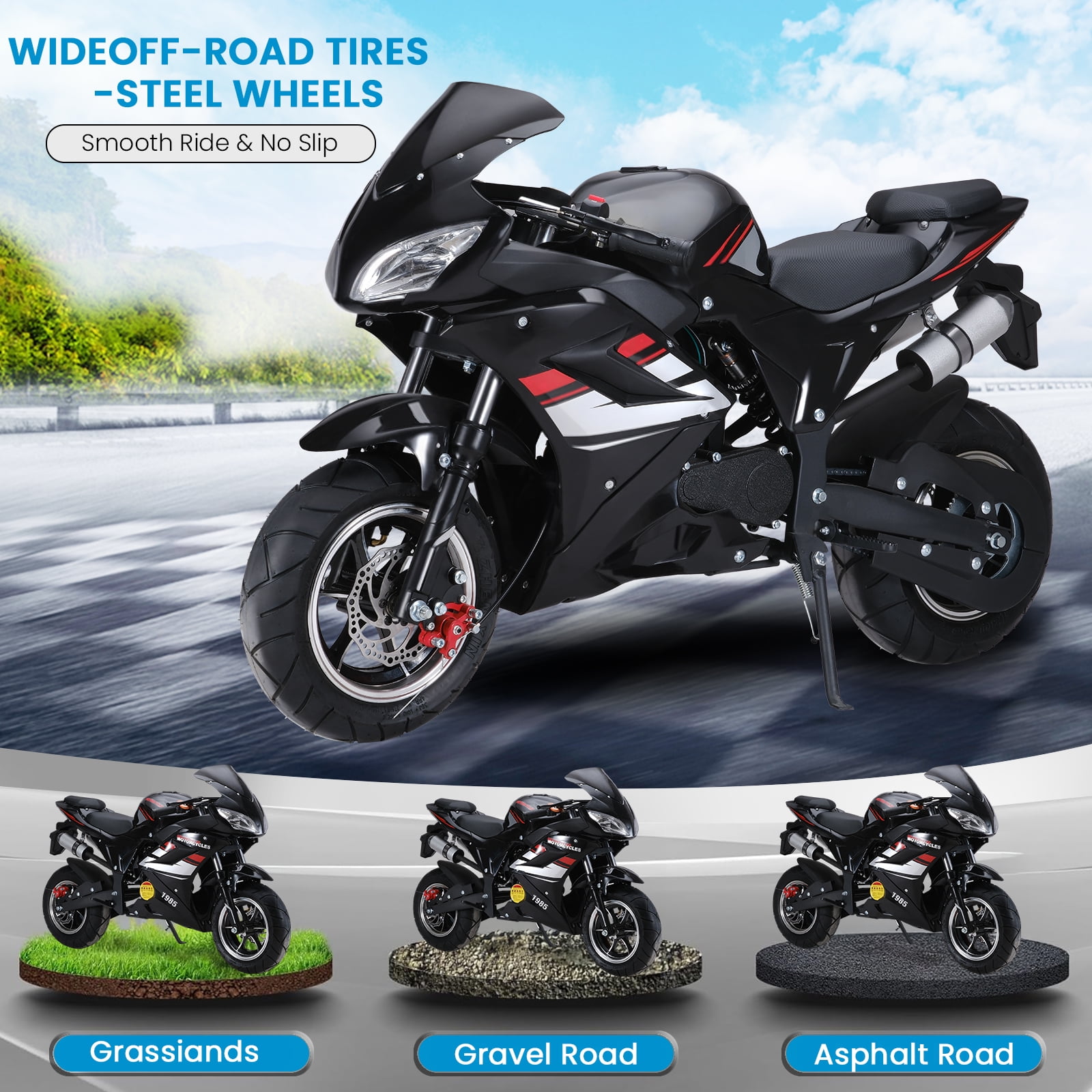 Pocket Rocket Motorcycle - 49cc 4-Stroke Gas with 8" Wheels, Front & Rear Disc Brakes & Headlights