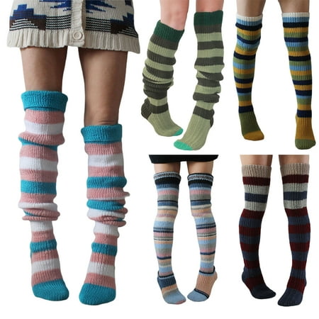 

1 Pair Thigh High Stocking Striped Knitted Thickened Stretchy Soft Keep Warm Windproof Autumn Winter Women Over