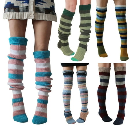 

1 Pair Thigh High Stocking Striped Knitted Thickened Stretchy Soft Keep Warm Windproof Autumn Winter Women Over