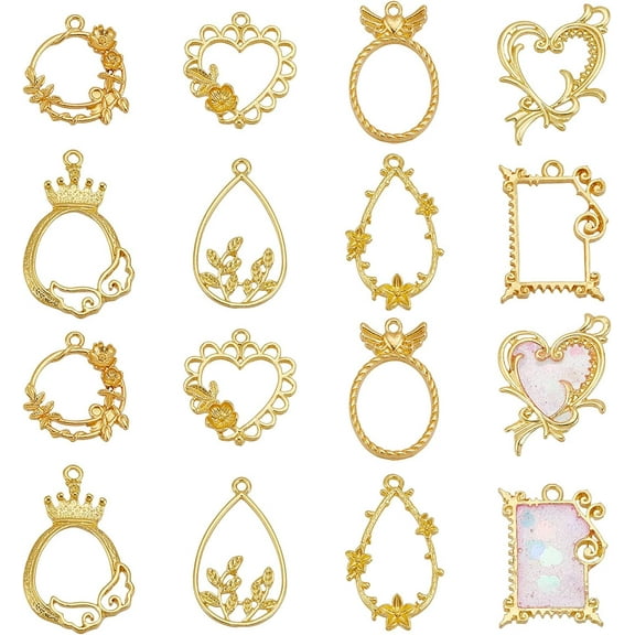 32Pcs Alloy Open Back Bezel Pendants Golden Open Bezel Charms Hollow Resin Frames for DIY