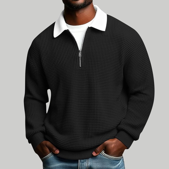 WQNVRNR Men's Waffle Knit Polo Shirt- Casual Spring Fall Pullover Lapel Collar Long Sleeve Top Black Size L