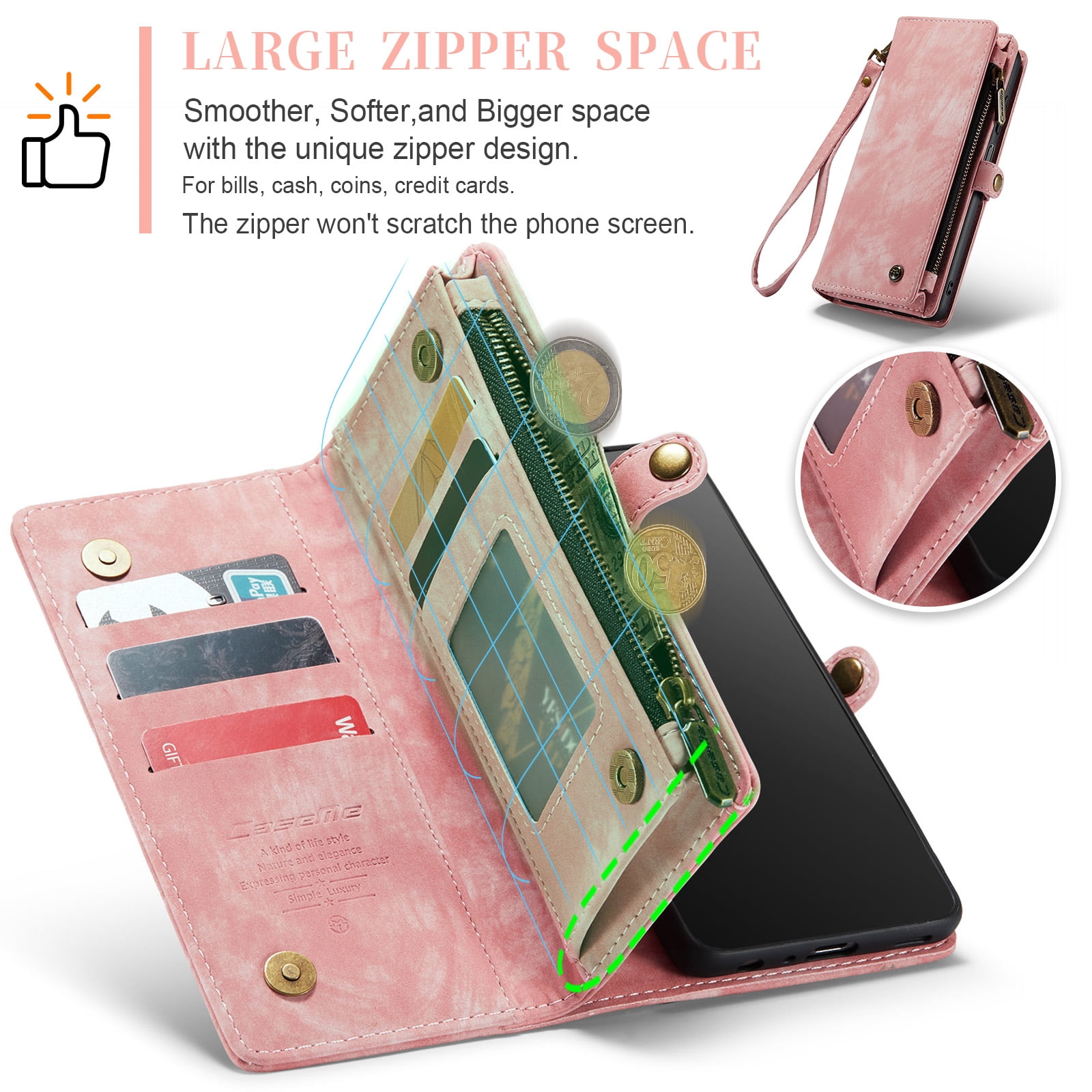 for Samsung Galaxy A16 5G/4G Premium PU Leather Folding Case, Multiple Card Slots Design, Wrist Strap Zipper Pocket Kickstand Magnetic Snap, Wireless Charging for Samsung Galaxy A16 5G/4G, Pink