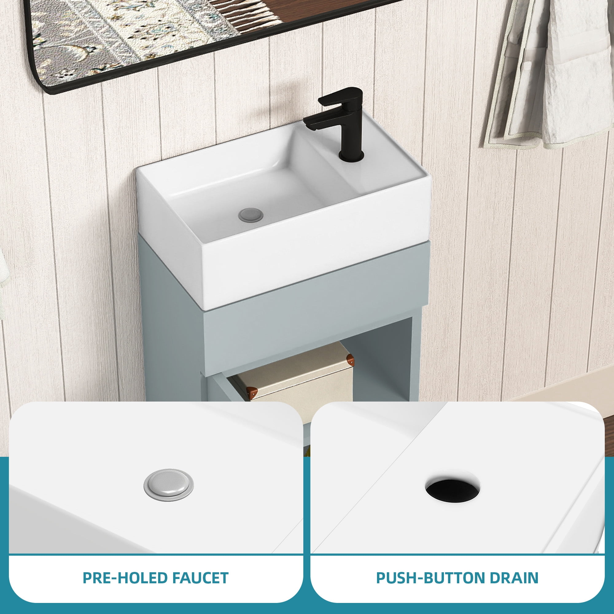Uforic 16" Modern Free Standing Bathroom Vanity with Undermount Sink, Soft Close Door & Storage Cabinet, Gray
