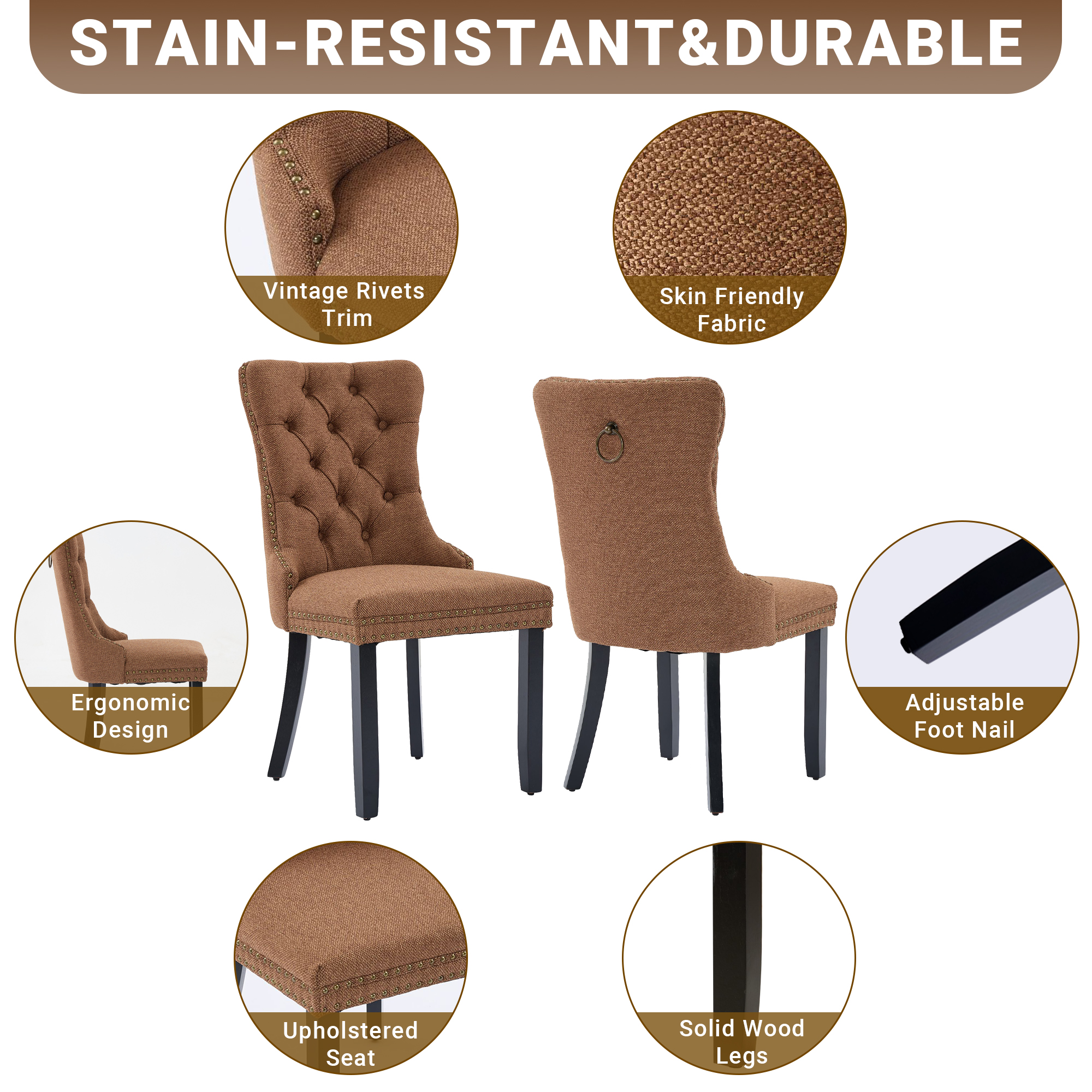 Upholstered Dining Chairs Set of 2, Segmart Modern Fabric Dining Room Chair with Nailhead Trim and Wood Legs, Mid-Century Accent for Living Room, Kitchen, Coffee