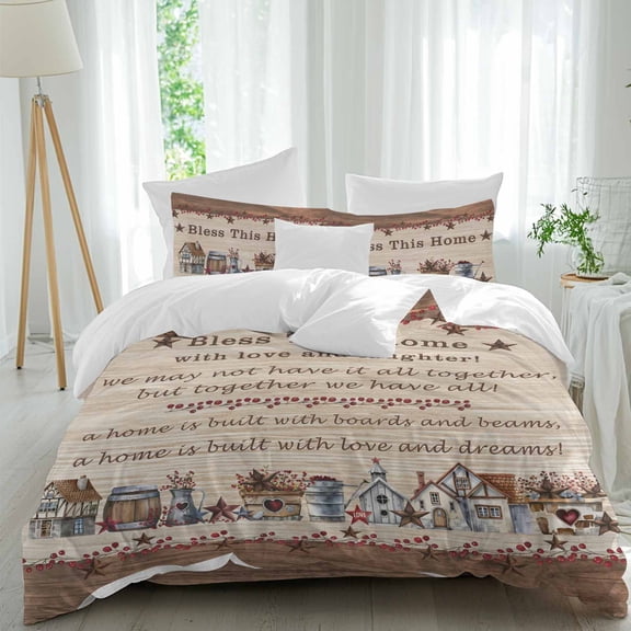 Bless This Full Size Comforter Set, Home Farmhouse Country Star Barn Retro Wood Grain Bedding for All Seasons, 4 Pcs Bed Set, 1Quiltcover (86"x86") ,1Sheet(80"x116"), 2Pillowcases (30"x20")
