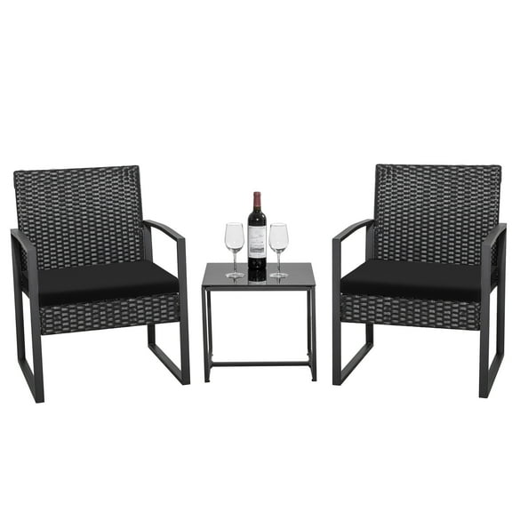 Homall 3-Piece Casual Bistro Set with Wicker Chairs and Coffee Table for Patio Furniture, Black