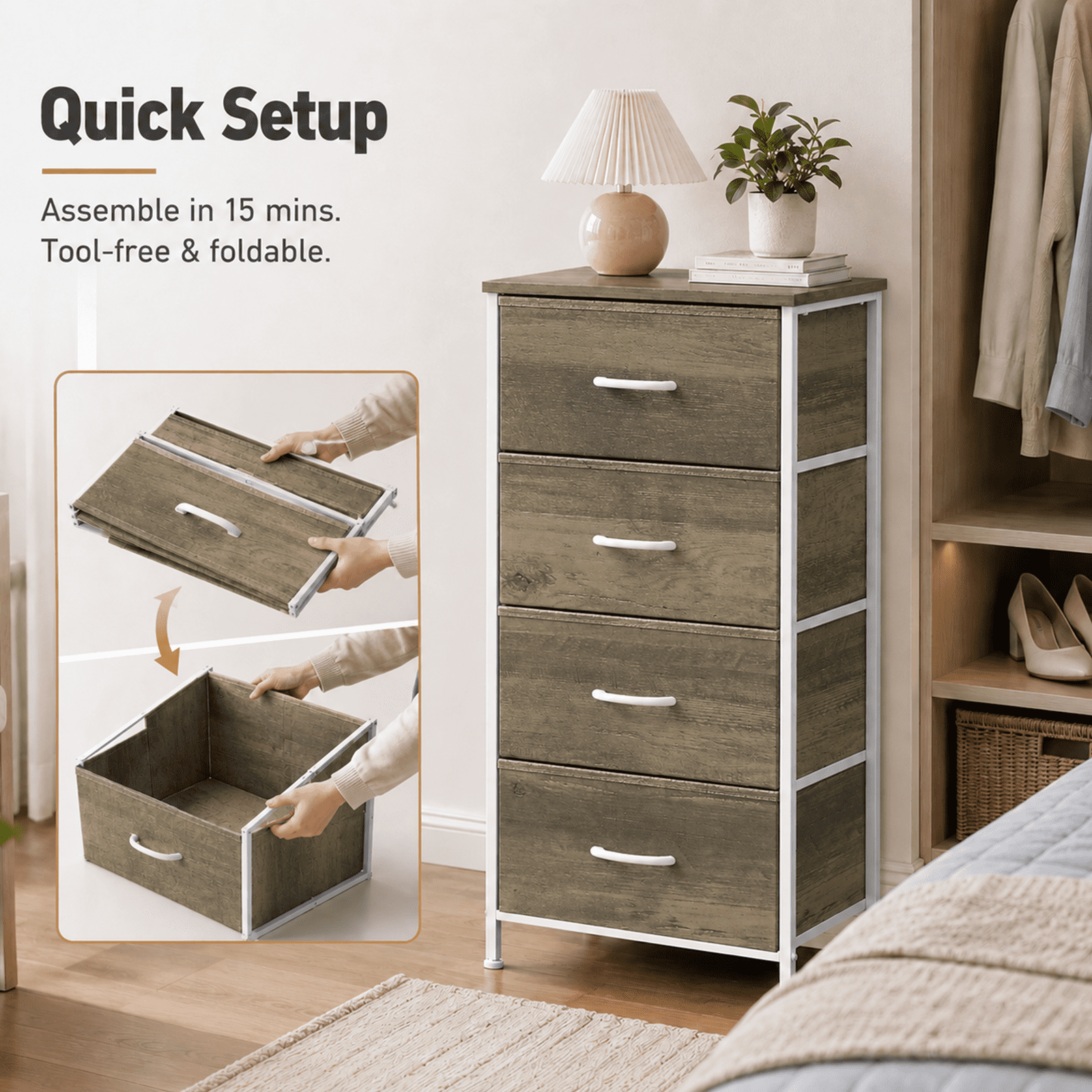 Alvantor Dresser for Bedroom with 4/5 Storage Drawers, Dressers Chest of Drawers Fabric Dresser with Sturdy Steel Frame, Wooden Top Cabinet Night Stand Dresser for Closet