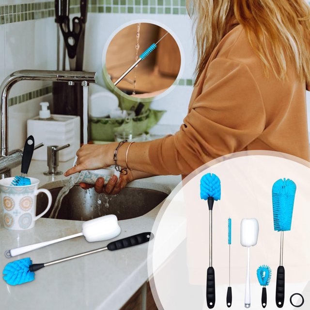 Cepillo para botellas de agua de acero inoxidable, cepillo para fregar con mango largo, diseñado para limpiar botellas deportivas, biberones, tazas, tazas de café, cristalería, decantadores de vino