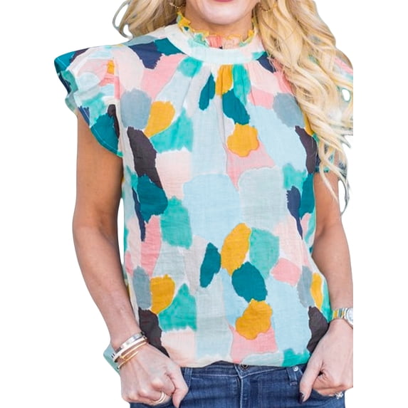 Asyoly Womens Tops Summer Boho Floral Print Funnel Neck Sleeveless Shirts Ruffle Stand Collar Loose Blouses