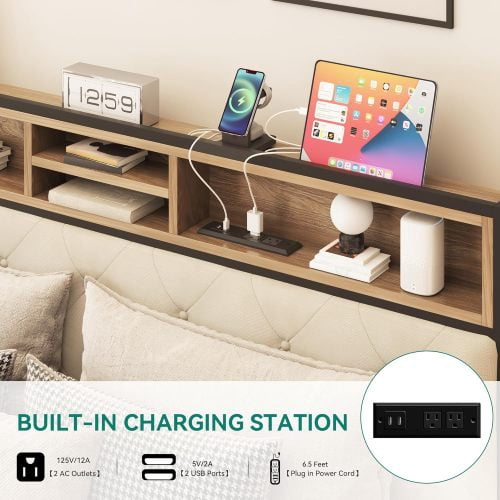 BSHTI Platform Modern Queen Size Platform Bed Frame with Upholstered Headboard and wood slats support for Livingroom