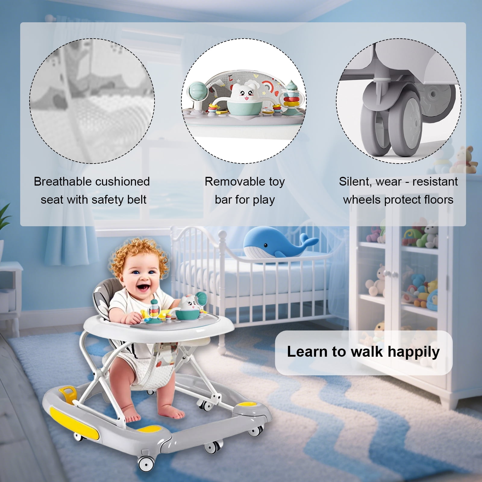 SHIBAILI 6-in-1 Activity Walker & Table - Multi-Function Center,Bouncer,Tray & Music,Gray (6+ Months)