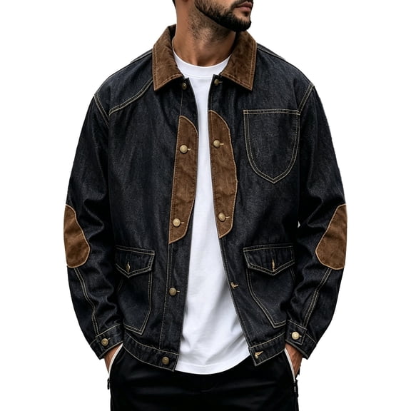 Mens Jeans Jacket Color Block Lapel Button Down Denim Jacket for Spring and Fall