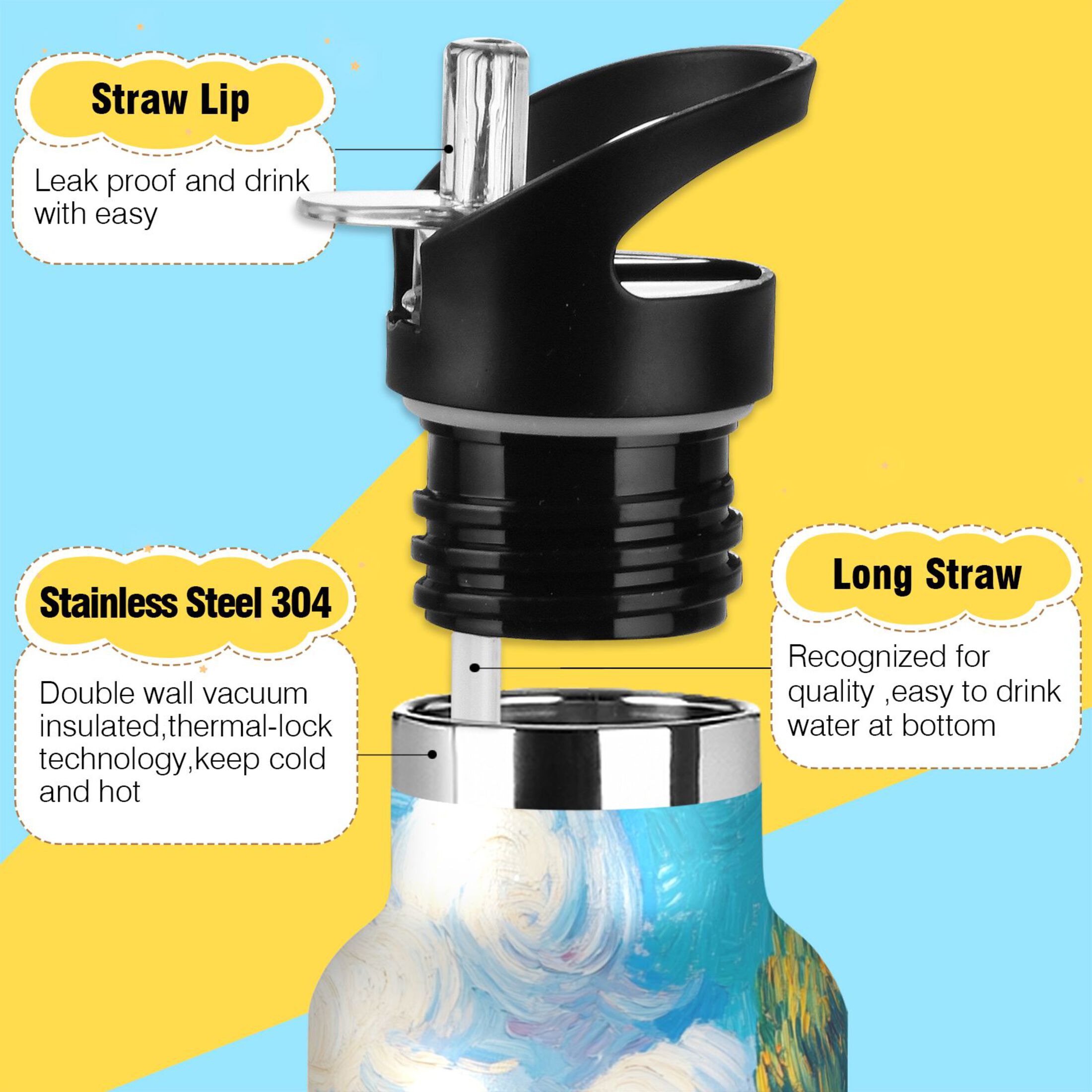 600ML Stainless Steel Insulated Cup Sports Water Bottle Portable Thermos Cup Water Glasses Insulated Tumblers Convenient and Durable Wheat Field