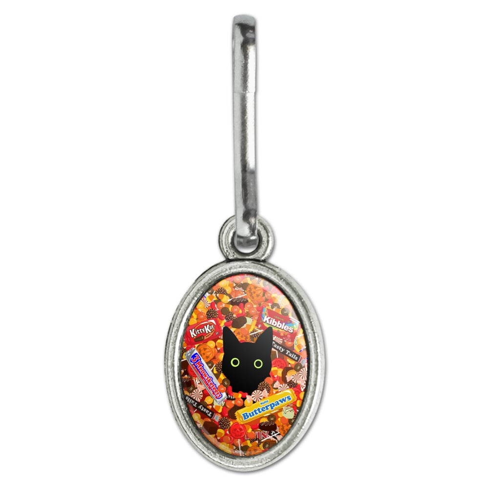 Halloween Black Cat Hiding in Candy Oval Charm Zipper Pull Aid