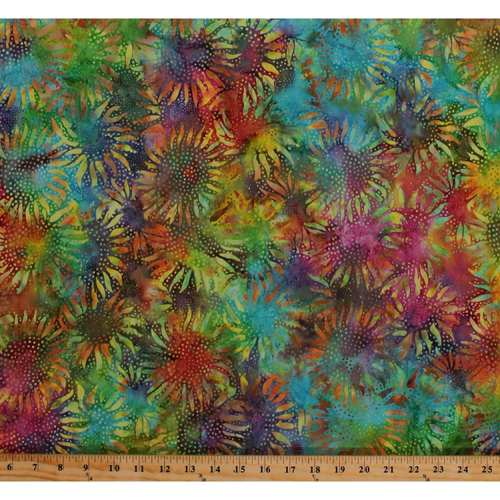 Cotton Batik Sunflowers Multi-Colored Flowers Floral Blossoms Gardens ...