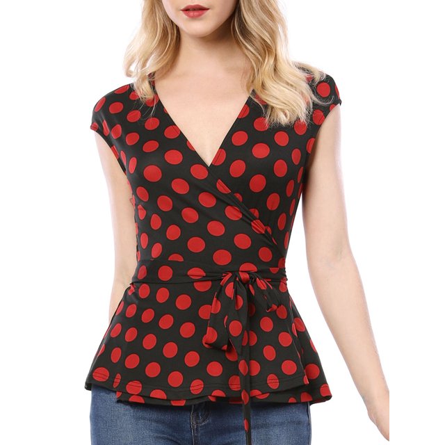 INSPIRE CHIC Haut à Pois Sans Manches à Col en V à Nouer à l'Avant Portefeuille pour Femme