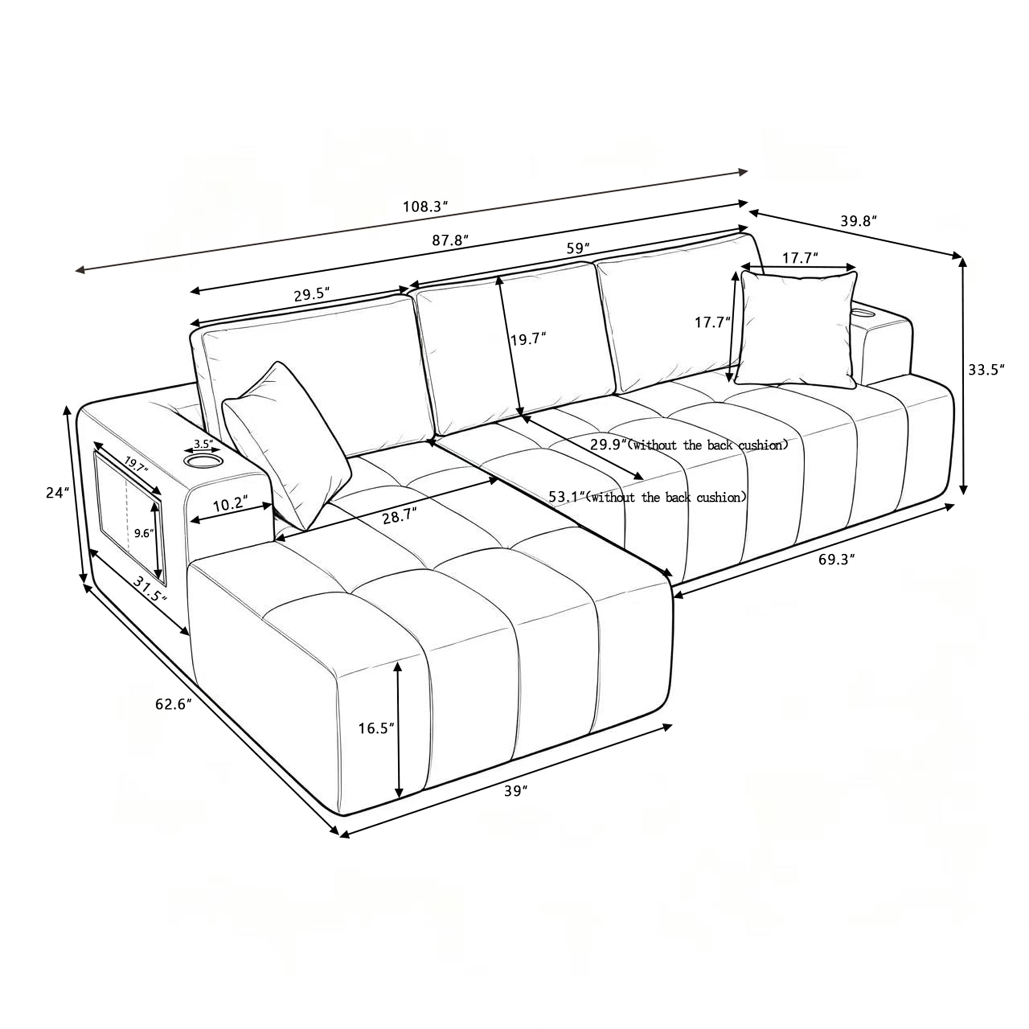 Aukfa 108" Cloud Sectional Sofa, Deep Seat Modular L-Shape Boneless Couch with 2 Cup Holders & Side Pockets, Right Chaise, Chenille, Black