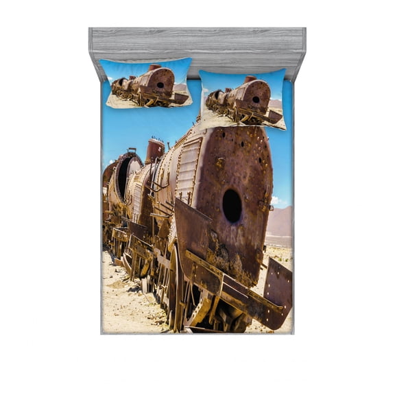 Vintage Bedding Set with Sheet & Covers, Rusty Old Abandoned Steam Train Locomotive Cemetery Railroad Wreck Picture Print, Printed Bedroom Decor 2 Shams, 4 Sizes, Blue Brown, by Ambesonne