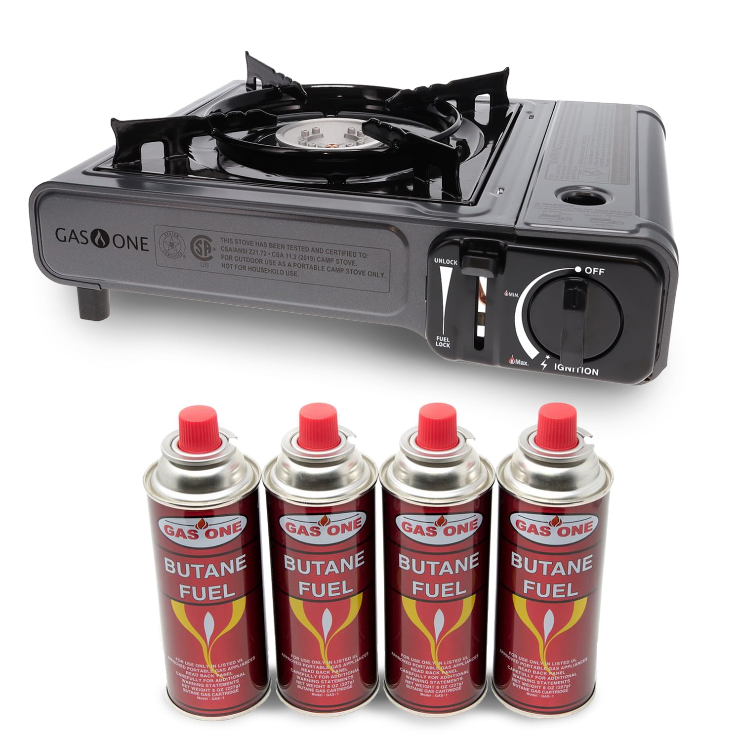 Gas One Butane Gas Stove with 4 Fuel Canister Catridge Gray