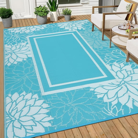 Haperlare 8'x10' Modern Floral Edge Outdoor Rug, Waterproof Reversible Plastic Straw Rug Bordered Portable Outside Camping Mat for Deck, Balcony, Porch, Beach, Light Blue and White