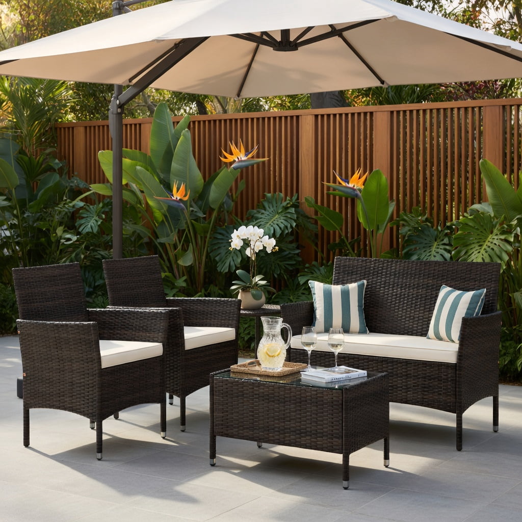 Hommoo 4-Piece Outdoor Rattan Patio Conversation Set with Plush Cushions, Loveseat, 2 Chairs & Tempered Glass Coffee Table, Weather-Resistant PE Wicker for Backyard, Poolside & Porch, Brown