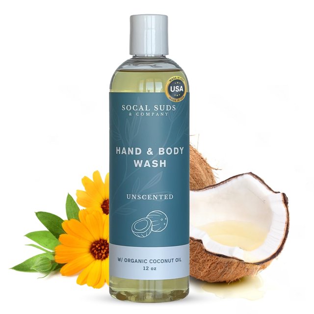 SoCal Suds & Company - Jabón de Castilla orgánico de 12 oz de espesor líquido sin perfume para manos y cuerpo para hombres y mujeres hecho con aceites orgánicos y aceite de coco Esenciales de baño per