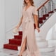 thumbnail image 3 of Vestido de mujer con lunares y lentejuelas, vestido de noche largo elegante sexy con escote en V, manga larga, cintura alta, abertura, vestido maxi con cinturón, 3 of 6