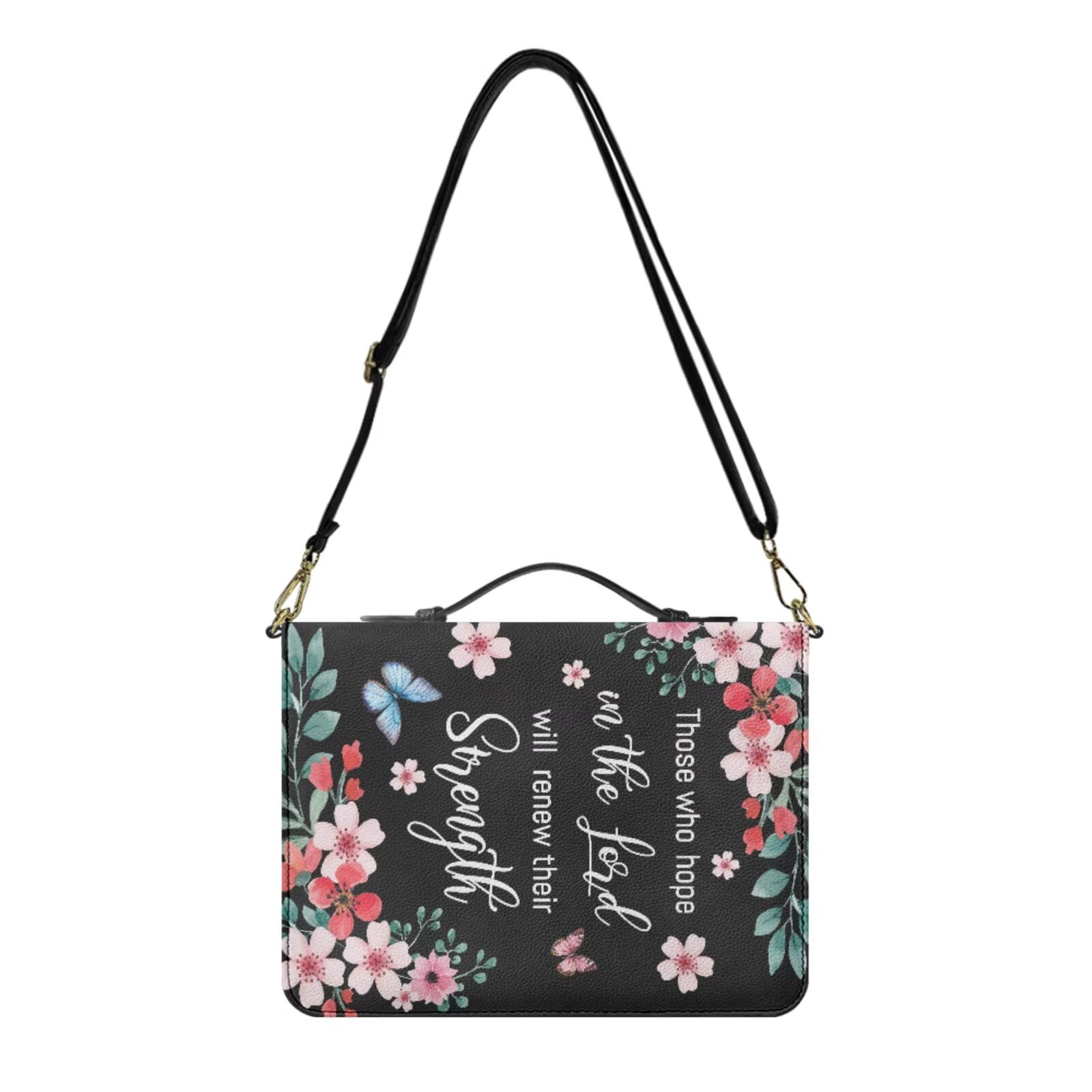 Kuiaobaty Floral Butterfly Print Bible Cover with Bookmark PU Leather Bible Carrying Case with Shoulder Strap Christian Bible Study Accessories for Women Men Church, Black