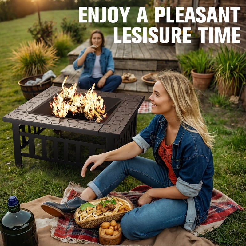 Devoko Outdoor 32" Square Metal Fire Pit with Cover and Poker, Matte Black