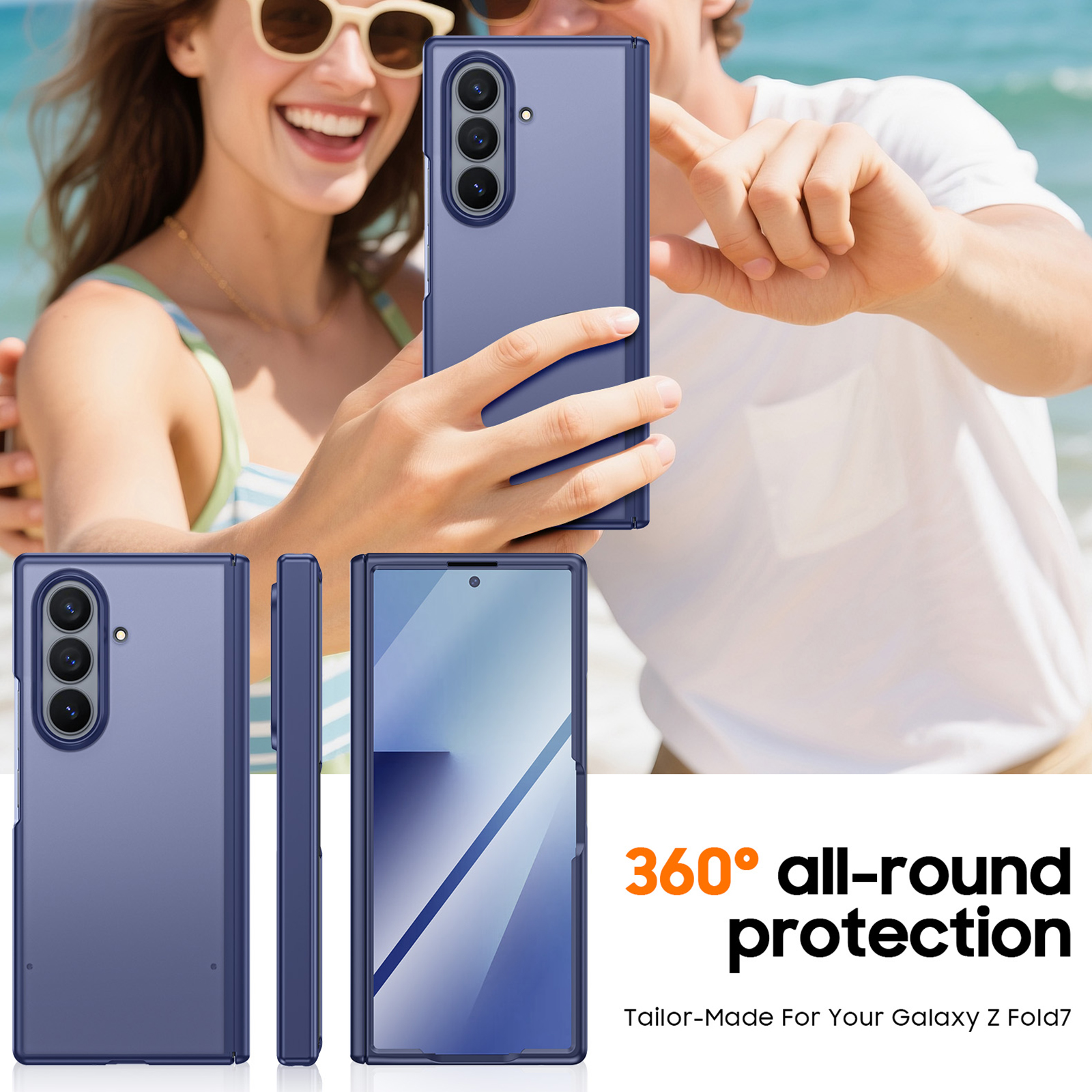 Vizvera for Samsung Galaxy Z Fold 7 Case with Hinge Protection,Screen Protector,Ultra-Thin Skin Feel Translucent Frosted,Wireless Charging,Shockproof Cover-Blue