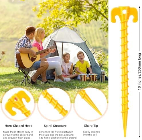 15 Pack Plastic Spiral Tent Stakes - 10 Inch Heavy Duty Screw-in Sand Anchors Pegs - Windproof Plastic Ground Anchor Stakes for Secure Tents, Inflatables, Canopies, Tarps, Garden Structures