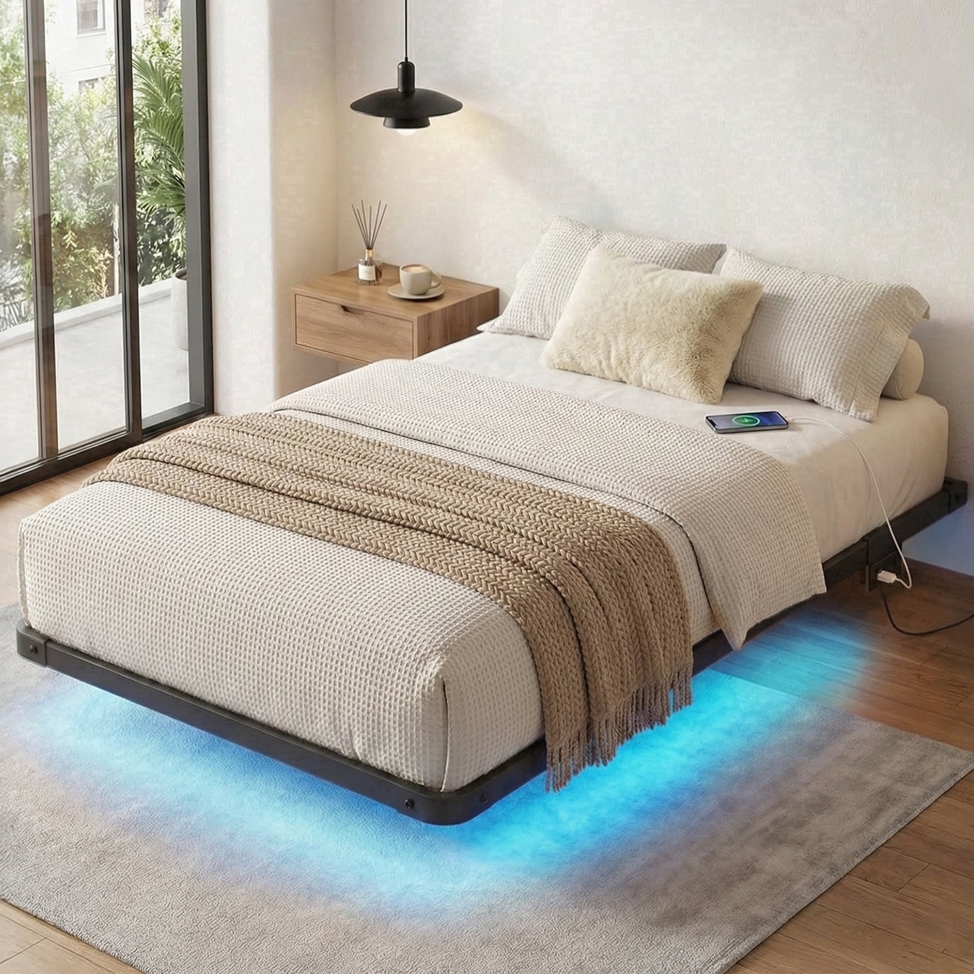 Fairy Twin Bed Frame with Charging Station, LED Lights, Heavy-Duty Metal Platform, Black