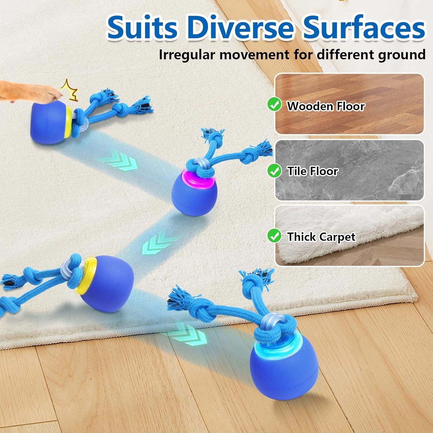 Interactive Dog Toys Touch Activated Bouncing & Jumping Dog Ball with Rope, Squeaky Doggie Toys