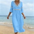 thumbnail image 6 of Ygbgbb Women V‑Neck Hollow Lace Trim Maxi Dress, Three‑Quarter Sleeve Empire‑Waist Loose Flowy Dress for Summer Beach and Resort‑Style Outfits Blue L, 6 of 7