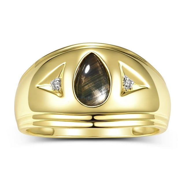 RYLOS Men's Rings Yellow Gold Plated Silver Pear Tear Drop Cabochon Gemstone & Diamond Ring Black Star Sapphire Size 11
